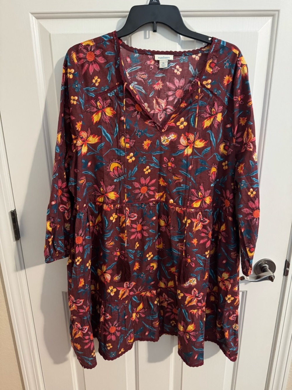 Sundance Eternal Summer dress, XL peasant, v-neck cotton red yellow floral